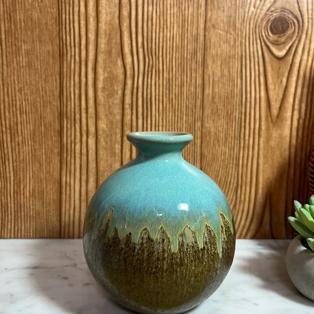 Art Pottery Elegant Turquoise and Brown Drip Crystalline Glaze Vase 5.5”
